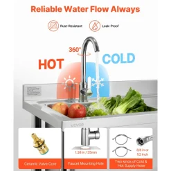 VEVOR Stainless Steel Utility Sink, Free Standing Single Bowl Commercial Kitchen Sink with Faucet, Utility Right Basin Workbench with Hot & Cold Water Pipe for Garage Restaurant Laundry, 47x19.7x37 in