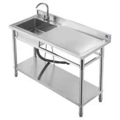 VEVOR Stainless Steel Utility Sink, Free Standing Single Bowl Commercial Kitchen Sink with Faucet, Utility Right Basin Workbench with Hot & Cold Water Pipe for Garage Restaurant Laundry, 47x19.7x37 in