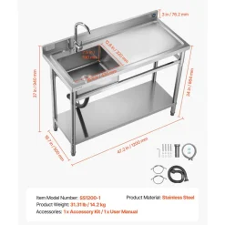 VEVOR Stainless Steel Utility Sink, Free Standing Single Bowl Commercial Kitchen Sink with Faucet, Utility Right Basin Workbench with Hot & Cold Water Pipe for Garage Restaurant Laundry, 47x19.7x37 in