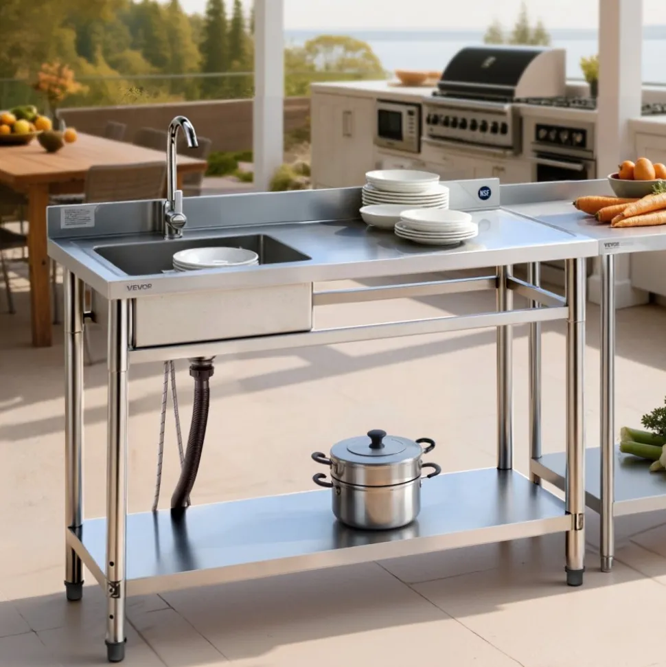 VEVOR Stainless Steel Utility Sink, Free Standing Single Bowl Commercial Kitchen Sink with Faucet, Utility Right Basin Workbench with Hot & Cold Water Pipe for Garage Restaurant Laundry, 47x19.7x37 in