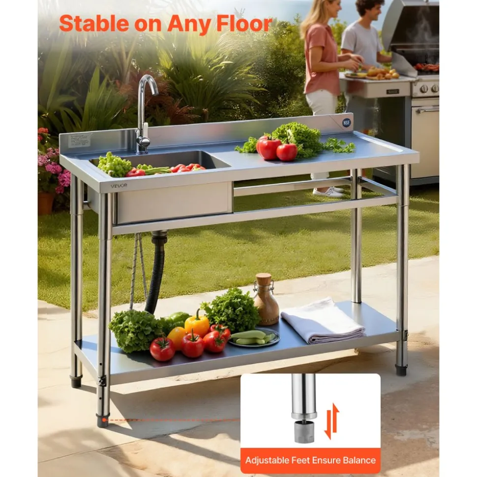 VEVOR Stainless Steel Utility Sink, Free Standing Single Bowl Commercial Kitchen Sink with Faucet, Utility Right Basin Workbench with Hot & Cold Water Pipe for Garage Restaurant Laundry, 47x19.7x37 in