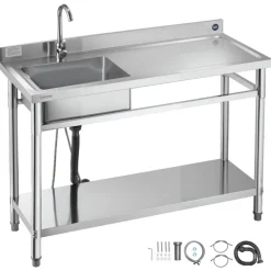 VEVOR Stainless Steel Utility Sink, Free Standing Single Bowl Commercial Kitchen Sink with Faucet, Utility Right Basin Workbench with Hot & Cold Water Pipe for Garage Restaurant Laundry, 47x19.7x37 in