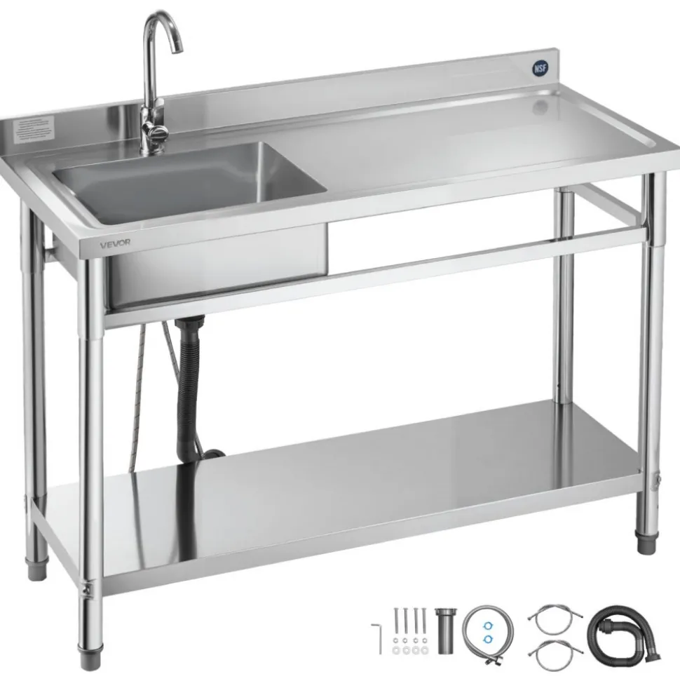 VEVOR Stainless Steel Utility Sink, Free Standing Single Bowl Commercial Kitchen Sink with Faucet, Utility Right Basin Workbench with Hot & Cold Water Pipe for Garage Restaurant Laundry, 47x19.7x37 in