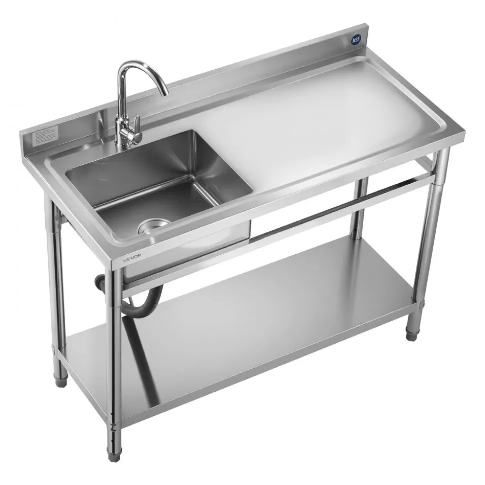 VEVOR Stainless Steel Utility Sink, Free Standing Single Bowl Commercial Kitchen Sink with Faucet, Utility Right Basin Workbench with Hot & Cold Water Pipe for Garage Restaurant Laundry, 47x19.7x37 in