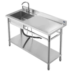 VEVOR Stainless Steel Utility Sink, Free Standing Single Bowl Commercial Kitchen Sink with Faucet, Utility Right Basin Workbench with Hot & Cold Water Pipe for Garage Restaurant Laundry, 47x19.7x37 in
