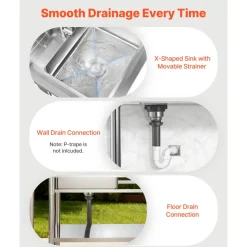 VEVOR Stainless Steel Utility Sink, Free Standing Single Bowl Commercial Kitchen Sink with Faucet, Utility Right Basin Workbench with Hot & Cold Water Pipe for Garage Restaurant Laundry, 47x19.7x37 in
