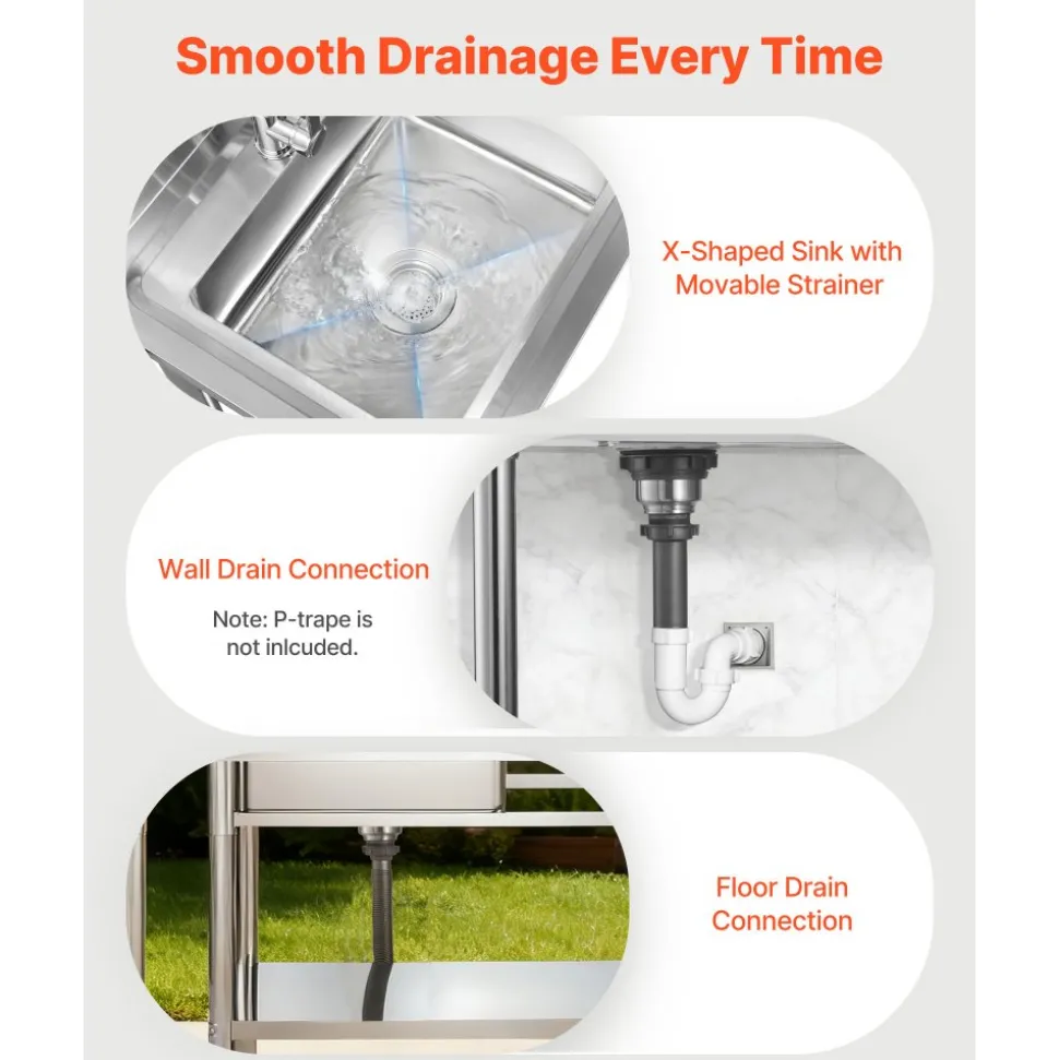 VEVOR Stainless Steel Utility Sink, Free Standing Single Bowl Commercial Kitchen Sink with Faucet, Utility Right Basin Workbench with Hot & Cold Water Pipe for Garage Restaurant Laundry, 47x19.7x37 in