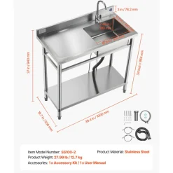 VEVOR Stainless Steel Utility Sink, Free Standing Single Bowl Commercial Kitchen Sink with Faucet, 39.4 x 19.7 x 37 in, Utility Left Basin with Hot & Cold Water Pipe for Garage, Restaurant, Laundry