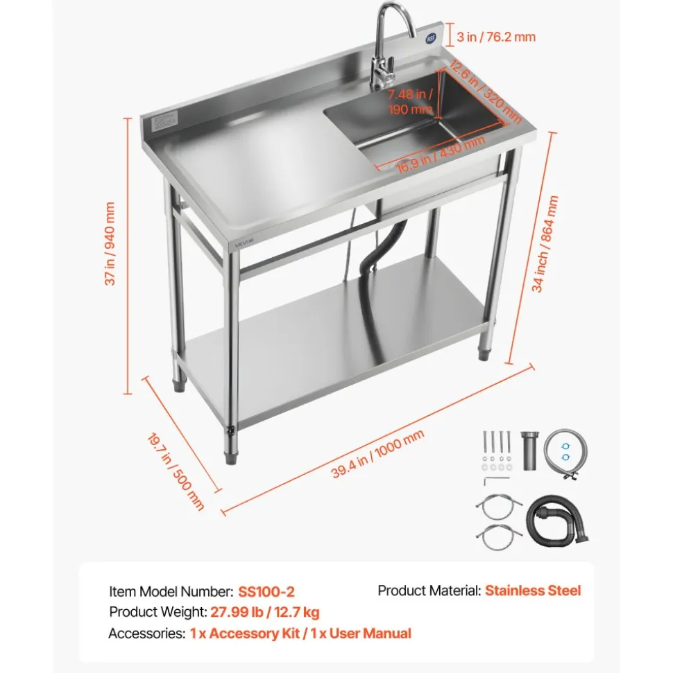 VEVOR Stainless Steel Utility Sink, Free Standing Single Bowl Commercial Kitchen Sink with Faucet, 39.4 x 19.7 x 37 in, Utility Left Basin with Hot & Cold Water Pipe for Garage, Restaurant, Laundry