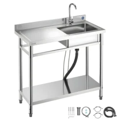 VEVOR Stainless Steel Utility Sink, Free Standing Single Bowl Commercial Kitchen Sink with Faucet, 39.4 x 19.7 x 37 in, Utility Left Basin with Hot & Cold Water Pipe for Garage, Restaurant, Laundry