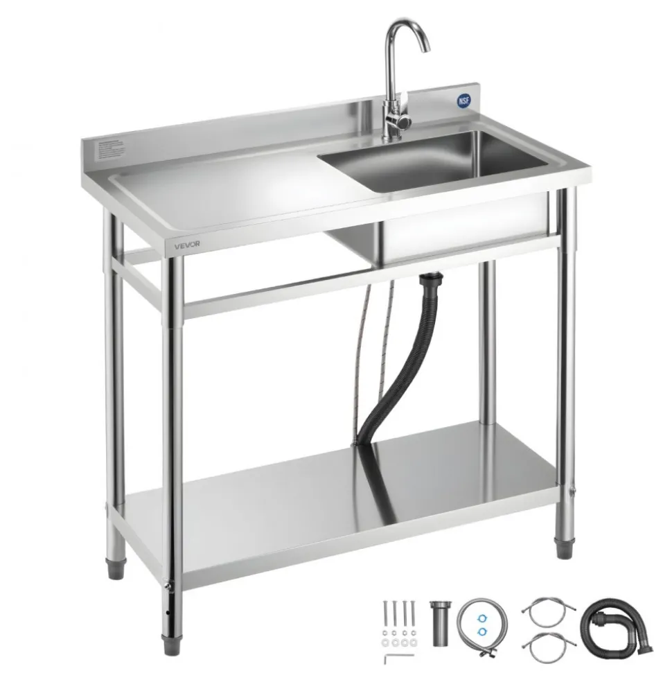 VEVOR Stainless Steel Utility Sink, Free Standing Single Bowl Commercial Kitchen Sink with Faucet, 39.4 x 19.7 x 37 in, Utility Left Basin with Hot & Cold Water Pipe for Garage, Restaurant, Laundry