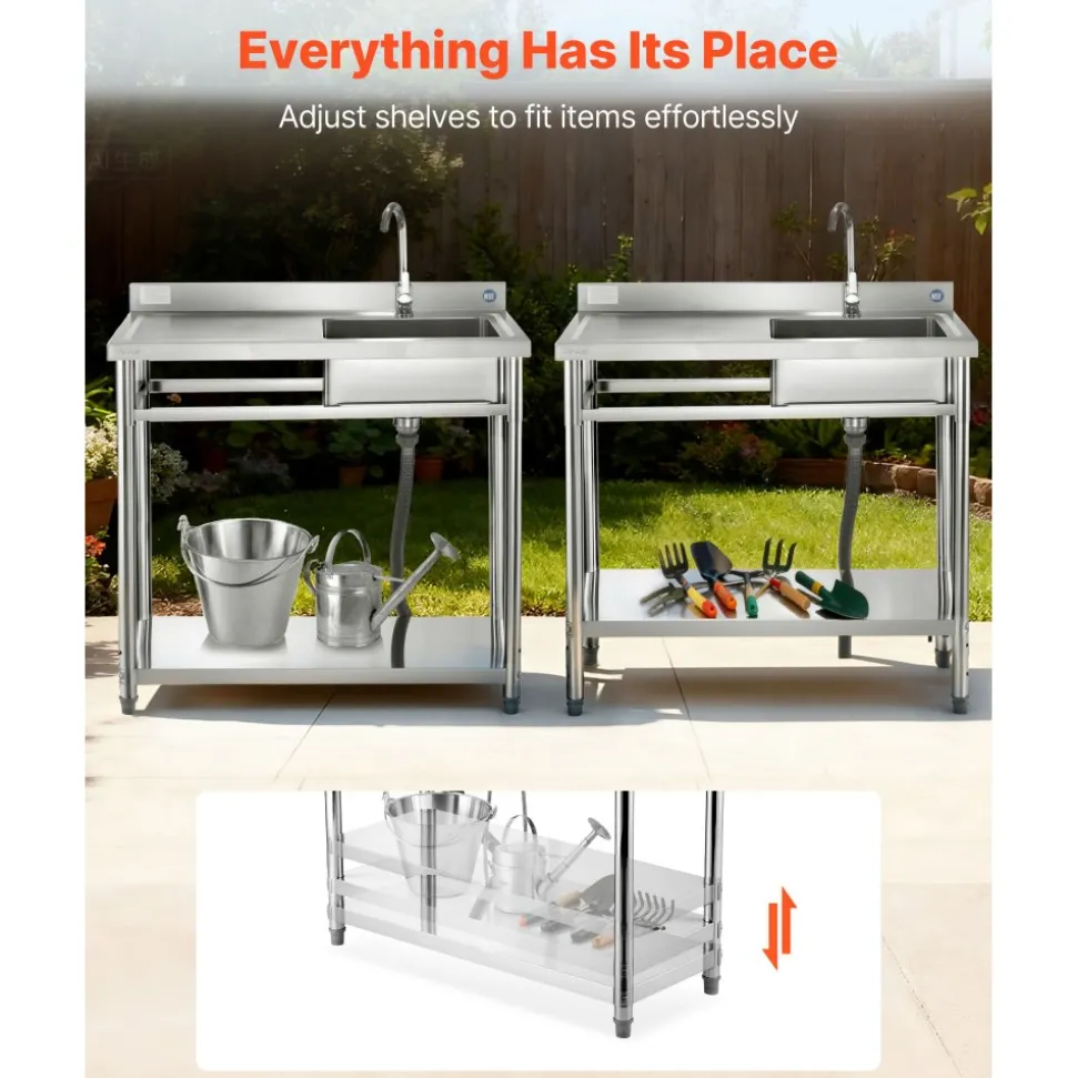 VEVOR Stainless Steel Utility Sink, Free Standing Single Bowl Commercial Kitchen Sink with Faucet, 39.4 x 19.7 x 37 in, Utility Left Basin with Hot & Cold Water Pipe for Garage, Restaurant, Laundry