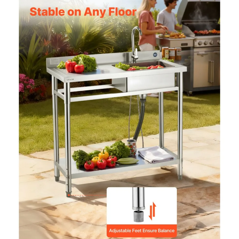 VEVOR Stainless Steel Utility Sink, Free Standing Single Bowl Commercial Kitchen Sink with Faucet, 39.4 x 19.7 x 37 in, Utility Left Basin with Hot & Cold Water Pipe for Garage, Restaurant, Laundry