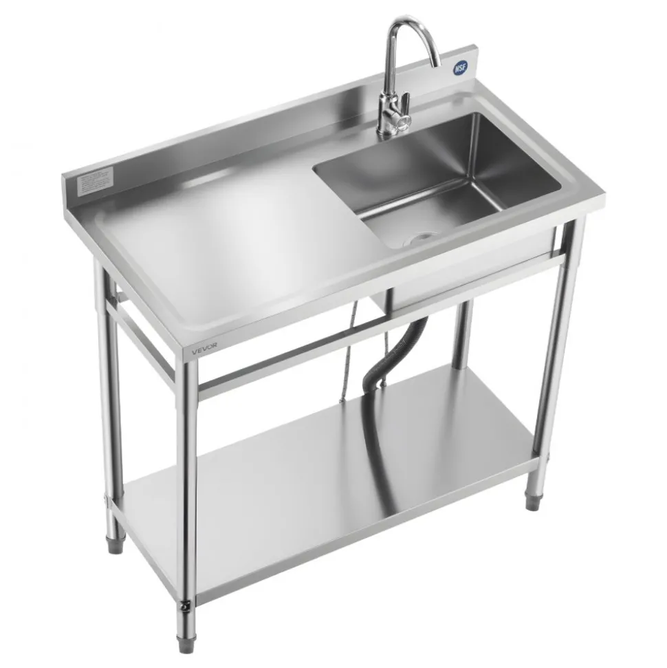 VEVOR Stainless Steel Utility Sink, Free Standing Single Bowl Commercial Kitchen Sink with Faucet, 39.4 x 19.7 x 37 in, Utility Left Basin with Hot & Cold Water Pipe for Garage, Restaurant, Laundry