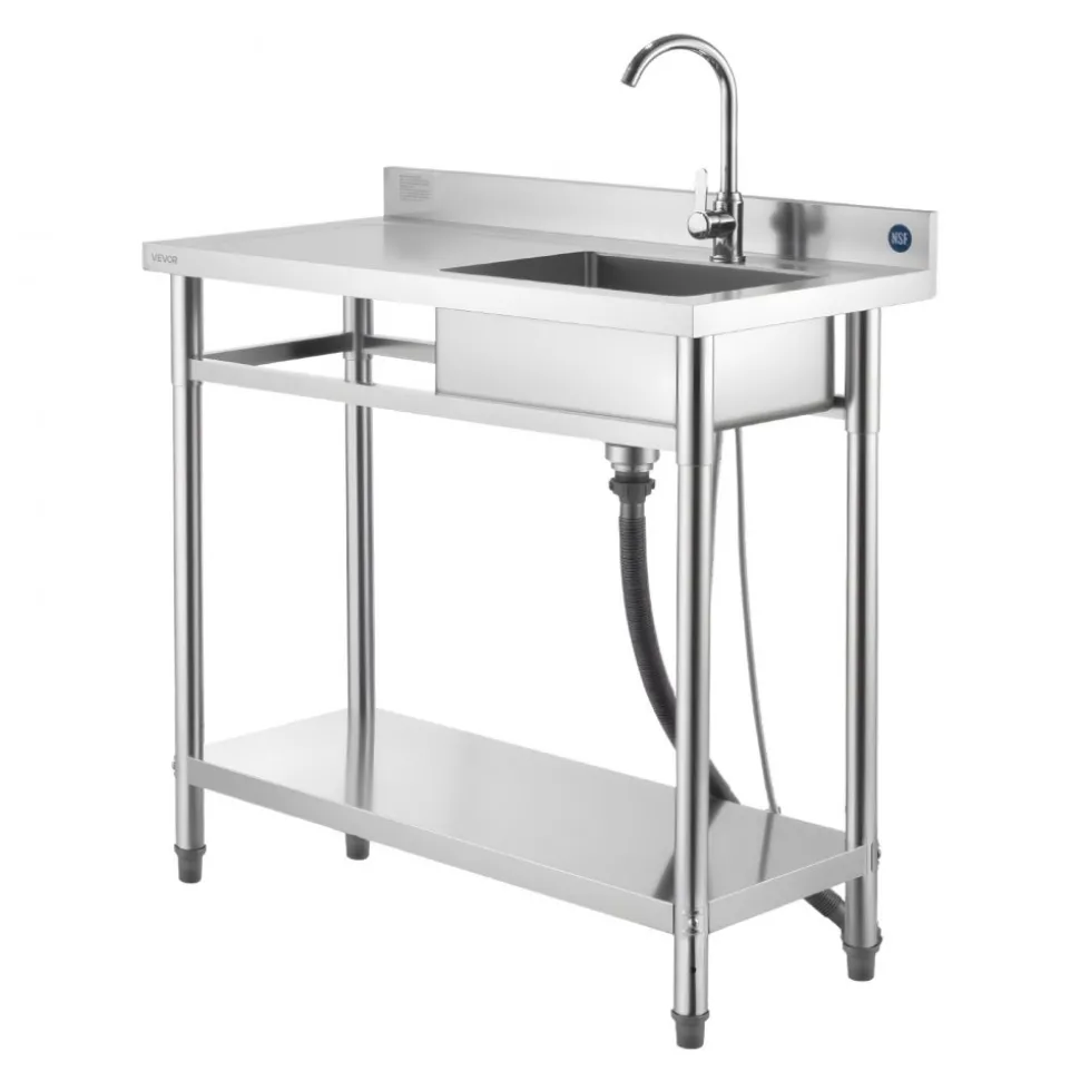 VEVOR Stainless Steel Utility Sink, Free Standing Single Bowl Commercial Kitchen Sink with Faucet, 39.4 x 19.7 x 37 in, Utility Left Basin with Hot & Cold Water Pipe for Garage, Restaurant, Laundry