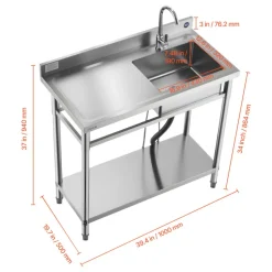 VEVOR Stainless Steel Utility Sink, Free Standing Single Bowl Commercial Kitchen Sink with Faucet, 39.4 x 19.7 x 37 in, Utility Left Basin with Hot & Cold Water Pipe for Garage, Restaurant, Laundry