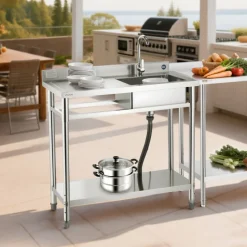 VEVOR Stainless Steel Utility Sink, Free Standing Single Bowl Commercial Kitchen Sink with Faucet, 39.4 x 19.7 x 37 in, Utility Left Basin with Hot & Cold Water Pipe for Garage, Restaurant, Laundry