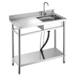 VEVOR Stainless Steel Utility Sink, Free Standing Single Bowl Commercial Kitchen Sink with Faucet, 39.4 x 19.7 x 37 in, Utility Left Basin with Hot & Cold Water Pipe for Garage, Restaurant, Laundry