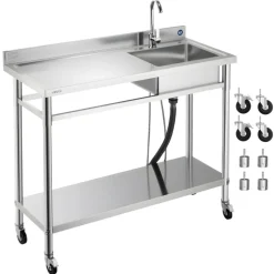 VEVOR Stainless Steel Utility Sink, Rolling Single Bowl Commercial Kitchen Sink with Wheels, Faucet and Hot & Cold Water Pipe, Utility Basin Workbench for Garage Restaurant Laundry 47.2 x 19.7 x 41.5 in