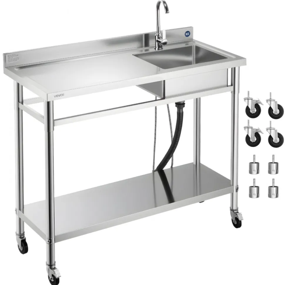 VEVOR Stainless Steel Utility Sink, Rolling Single Bowl Commercial Kitchen Sink with Wheels, Faucet and Hot & Cold Water Pipe, Utility Basin Workbench for Garage Restaurant Laundry 47.2 x 19.7 x 41.5 in