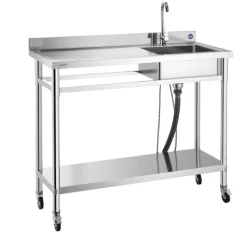 VEVOR Stainless Steel Utility Sink, Rolling Single Bowl Commercial Kitchen Sink with Wheels, Faucet and Hot & Cold Water Pipe, Utility Basin Workbench for Garage Restaurant Laundry 47.2 x 19.7 x 41.5 in