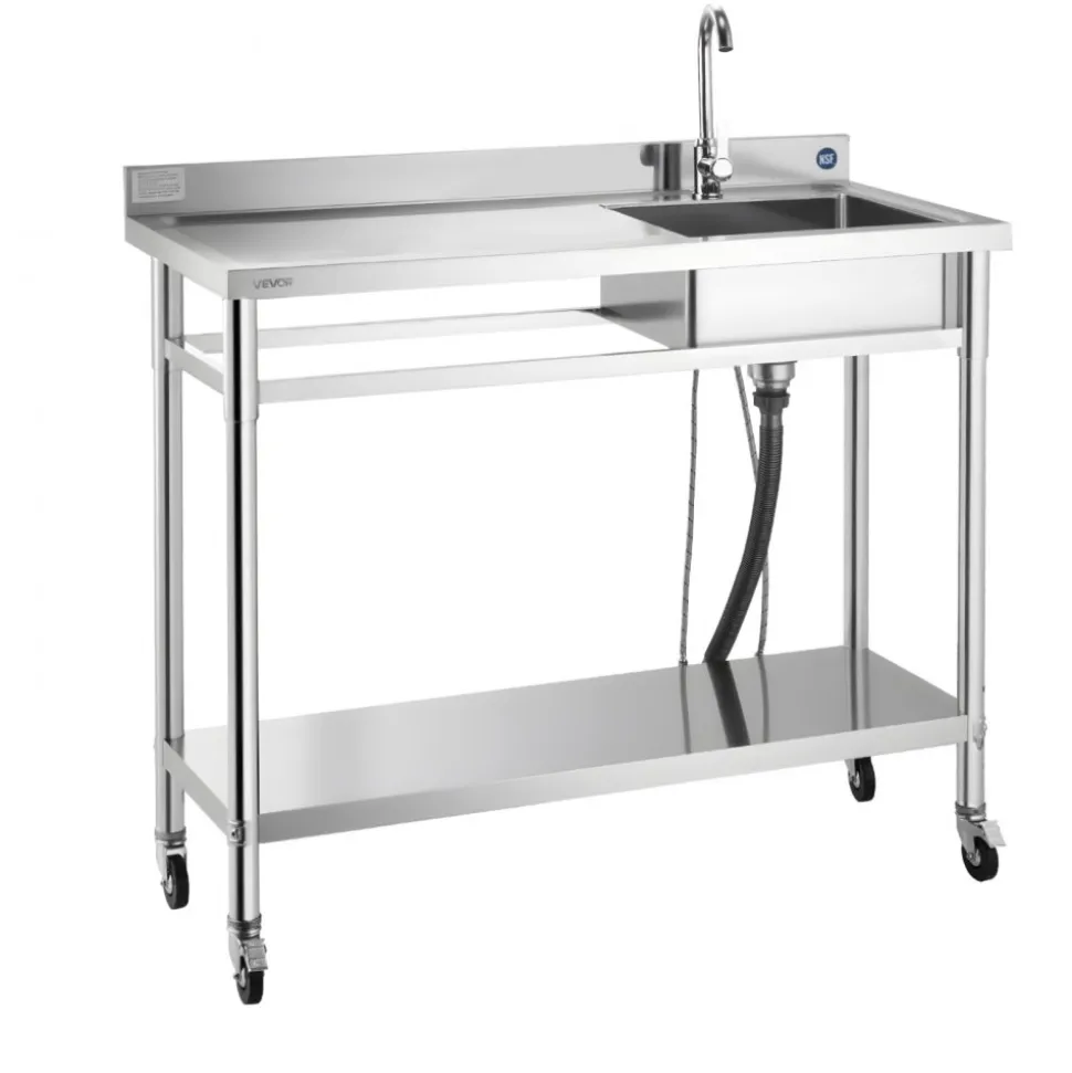 VEVOR Stainless Steel Utility Sink, Rolling Single Bowl Commercial Kitchen Sink with Wheels, Faucet and Hot & Cold Water Pipe, Utility Basin Workbench for Garage Restaurant Laundry 47.2 x 19.7 x 41.5 in
