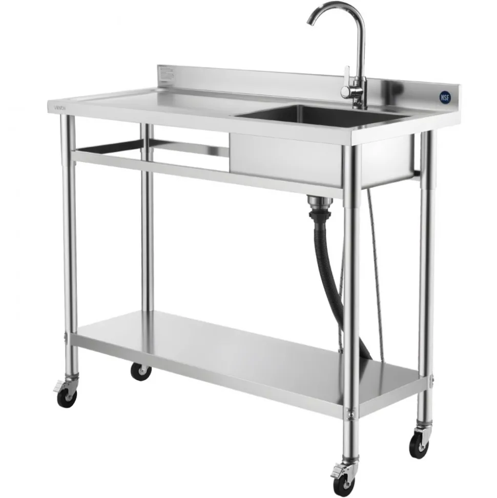 VEVOR Stainless Steel Utility Sink, Rolling Single Bowl Commercial Kitchen Sink with Wheels, Faucet and Hot & Cold Water Pipe, Utility Basin Workbench for Garage Restaurant Laundry 47.2 x 19.7 x 41.5 in