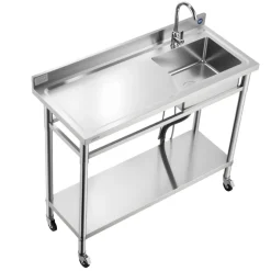 VEVOR Stainless Steel Utility Sink, Rolling Single Bowl Commercial Kitchen Sink with Wheels, Faucet and Hot & Cold Water Pipe, Utility Basin Workbench for Garage Restaurant Laundry 47.2 x 19.7 x 41.5 in