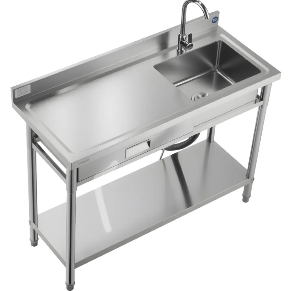 VEVOR Stainless Steel Utility Sink, Rolling Single Bowl Commercial Kitchen Sink with Drawer, Faucet and Hot & Cold Water Pipe, Utility Basin for Garage, Restaurant, Laundry, 47.2 x 19.7 x 37 in