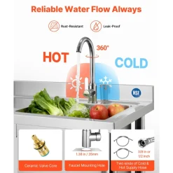 VEVOR Stainless Steel Utility Sink, Free Standing Single Bowl Commercial Kitchen Sink with Faucet and Hot & Cold Water Pipe, Dual Storage Shelves for Garage, Restaurant, Laundry, 47.2 x 19.7 x 37 in
