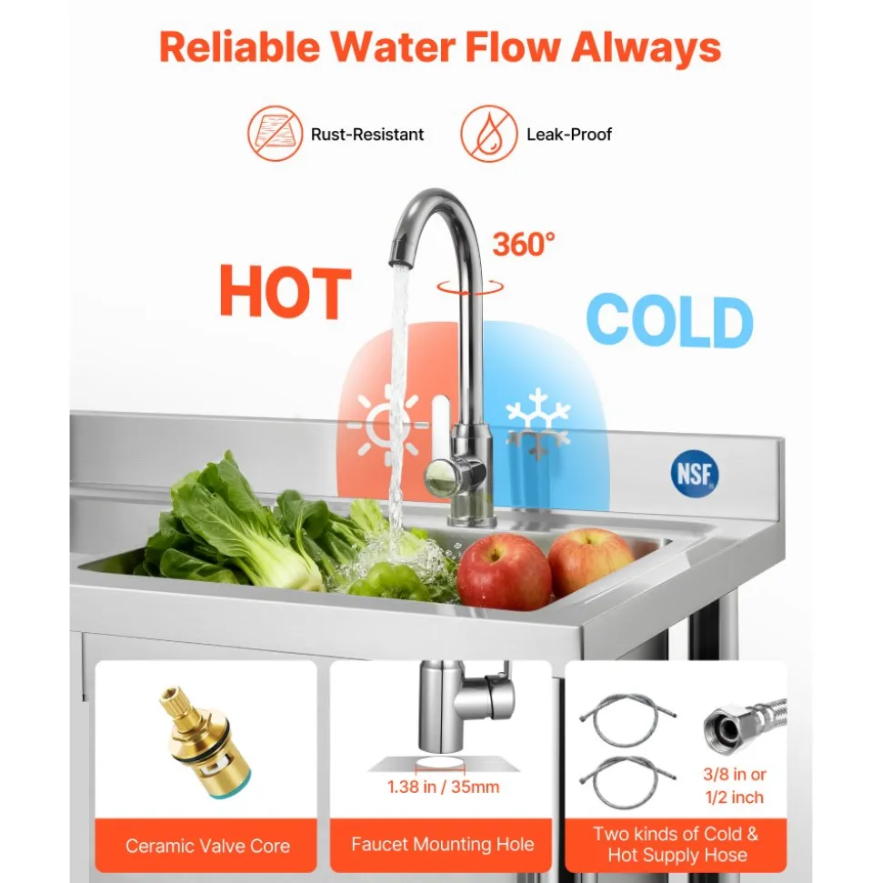 VEVOR Stainless Steel Utility Sink, Rolling Single Bowl Commercial Kitchen Sink with Drawer, Faucet and Hot & Cold Water Pipe, Utility Basin for Garage, Restaurant, Laundry, 47.2 x 19.7 x 37 in