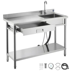 VEVOR Stainless Steel Utility Sink, Rolling Single Bowl Commercial Kitchen Sink with Drawer, Faucet and Hot & Cold Water Pipe, Utility Basin for Garage, Restaurant, Laundry, 47.2 x 19.7 x 37 in
