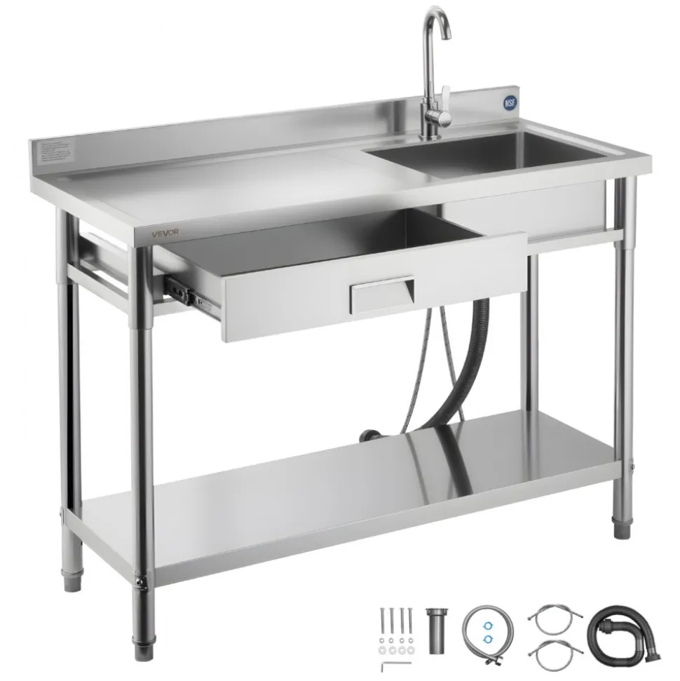 VEVOR Stainless Steel Utility Sink, Rolling Single Bowl Commercial Kitchen Sink with Drawer, Faucet and Hot & Cold Water Pipe, Utility Basin for Garage, Restaurant, Laundry, 47.2 x 19.7 x 37 in