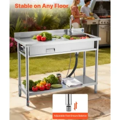 VEVOR Stainless Steel Utility Sink, Rolling Single Bowl Commercial Kitchen Sink with Drawer, Faucet and Hot & Cold Water Pipe, Utility Basin for Garage, Restaurant, Laundry, 47.2 x 19.7 x 37 in