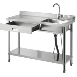 VEVOR Stainless Steel Utility Sink, Rolling Single Bowl Commercial Kitchen Sink with Drawer, Faucet and Hot & Cold Water Pipe, Utility Basin for Garage, Restaurant, Laundry, 47.2 x 19.7 x 37 in