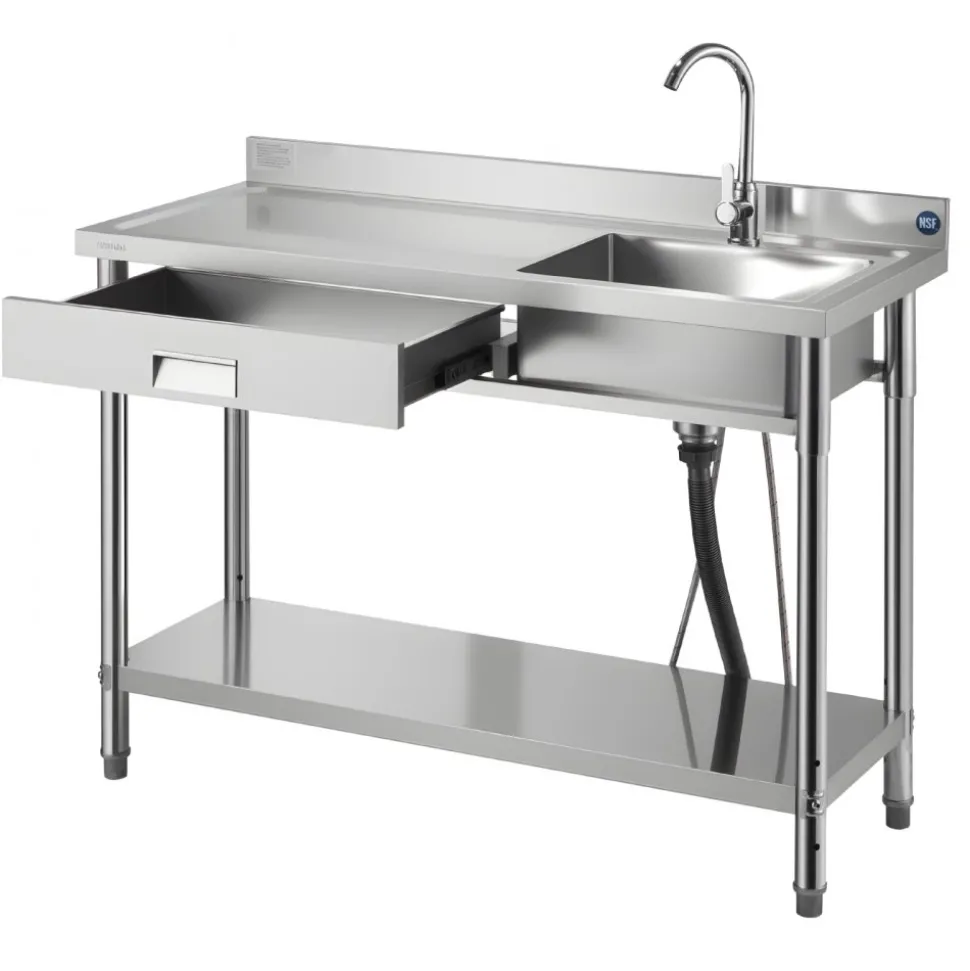 VEVOR Stainless Steel Utility Sink, Rolling Single Bowl Commercial Kitchen Sink with Drawer, Faucet and Hot & Cold Water Pipe, Utility Basin for Garage, Restaurant, Laundry, 47.2 x 19.7 x 37 in