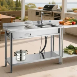 VEVOR Stainless Steel Utility Sink, Rolling Single Bowl Commercial Kitchen Sink with Drawer, Faucet and Hot & Cold Water Pipe, Utility Basin for Garage, Restaurant, Laundry, 47.2 x 19.7 x 37 in