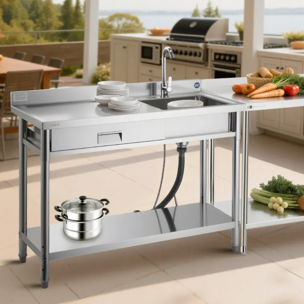 VEVOR Stainless Steel Utility Sink, Rolling Single Bowl Commercial Kitchen Sink with Drawer, Faucet and Hot & Cold Water Pipe, Utility Basin for Garage, Restaurant, Laundry, 47.2 x 19.7 x 37 in