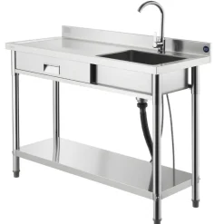 VEVOR Stainless Steel Utility Sink, Rolling Single Bowl Commercial Kitchen Sink with Drawer, Faucet and Hot & Cold Water Pipe, Utility Basin for Garage, Restaurant, Laundry, 47.2 x 19.7 x 37 in