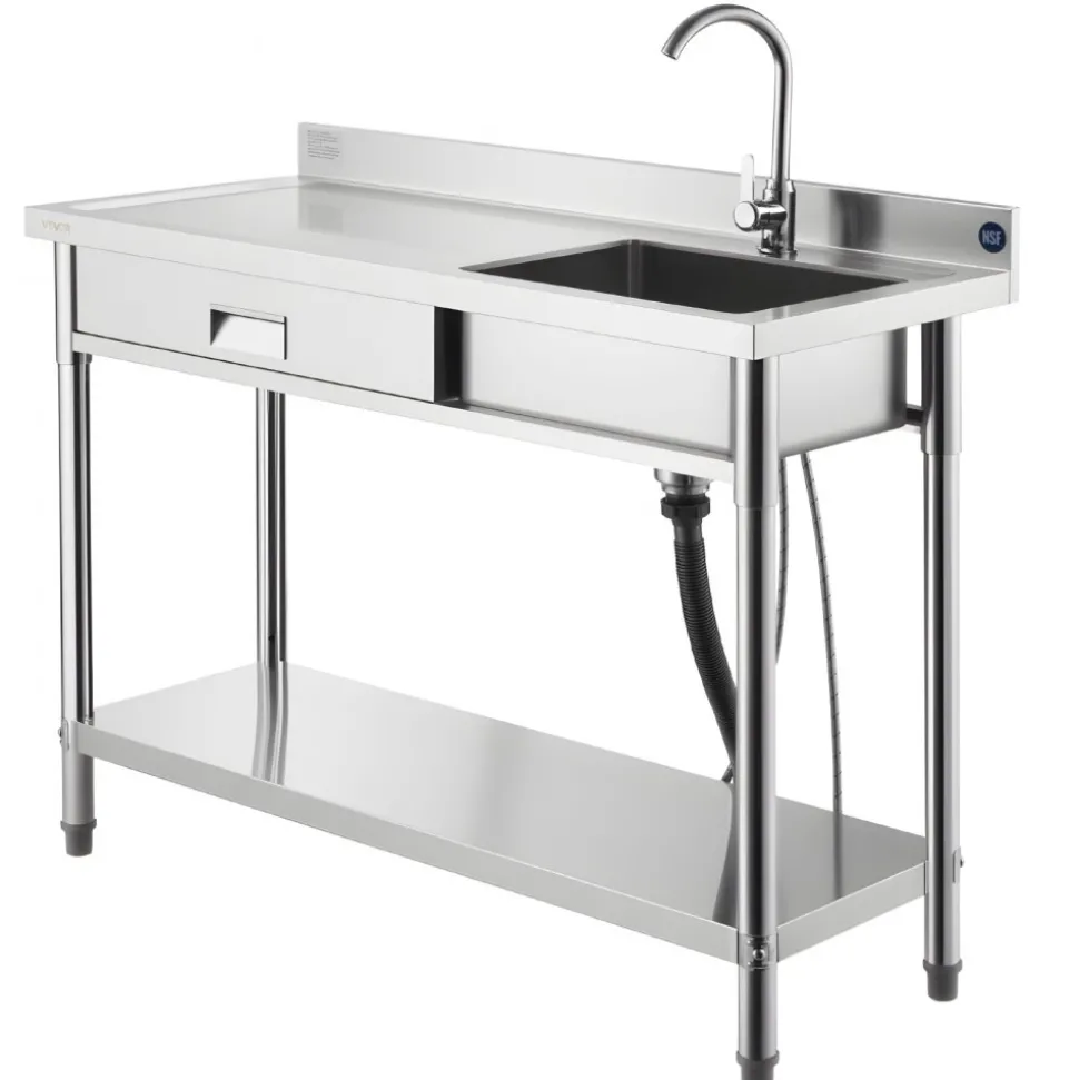 VEVOR Stainless Steel Utility Sink, Rolling Single Bowl Commercial Kitchen Sink with Drawer, Faucet and Hot & Cold Water Pipe, Utility Basin for Garage, Restaurant, Laundry, 47.2 x 19.7 x 37 in