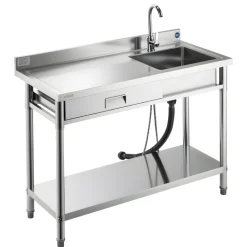VEVOR Stainless Steel Utility Sink, Rolling Single Bowl Commercial Kitchen Sink with Drawer, Faucet and Hot & Cold Water Pipe, Utility Basin for Garage, Restaurant, Laundry, 47.2 x 19.7 x 37 in