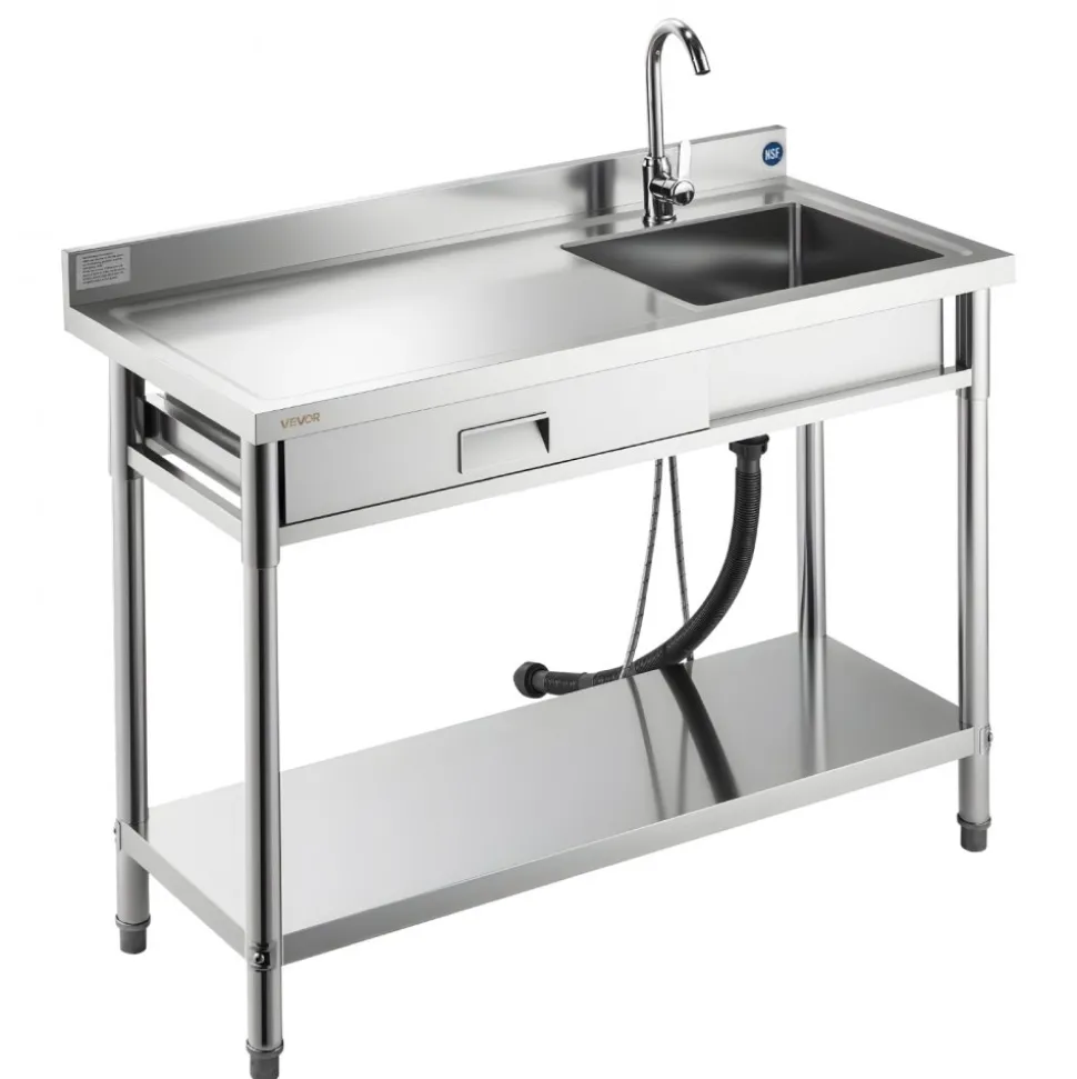 VEVOR Stainless Steel Utility Sink, Rolling Single Bowl Commercial Kitchen Sink with Drawer, Faucet and Hot & Cold Water Pipe, Utility Basin for Garage, Restaurant, Laundry, 47.2 x 19.7 x 37 in