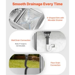 VEVOR Stainless Steel Utility Sink, Rolling Single Bowl Commercial Kitchen Sink with Drawer, Faucet and Hot & Cold Water Pipe, Utility Basin for Garage, Restaurant, Laundry, 47.2 x 19.7 x 37 in