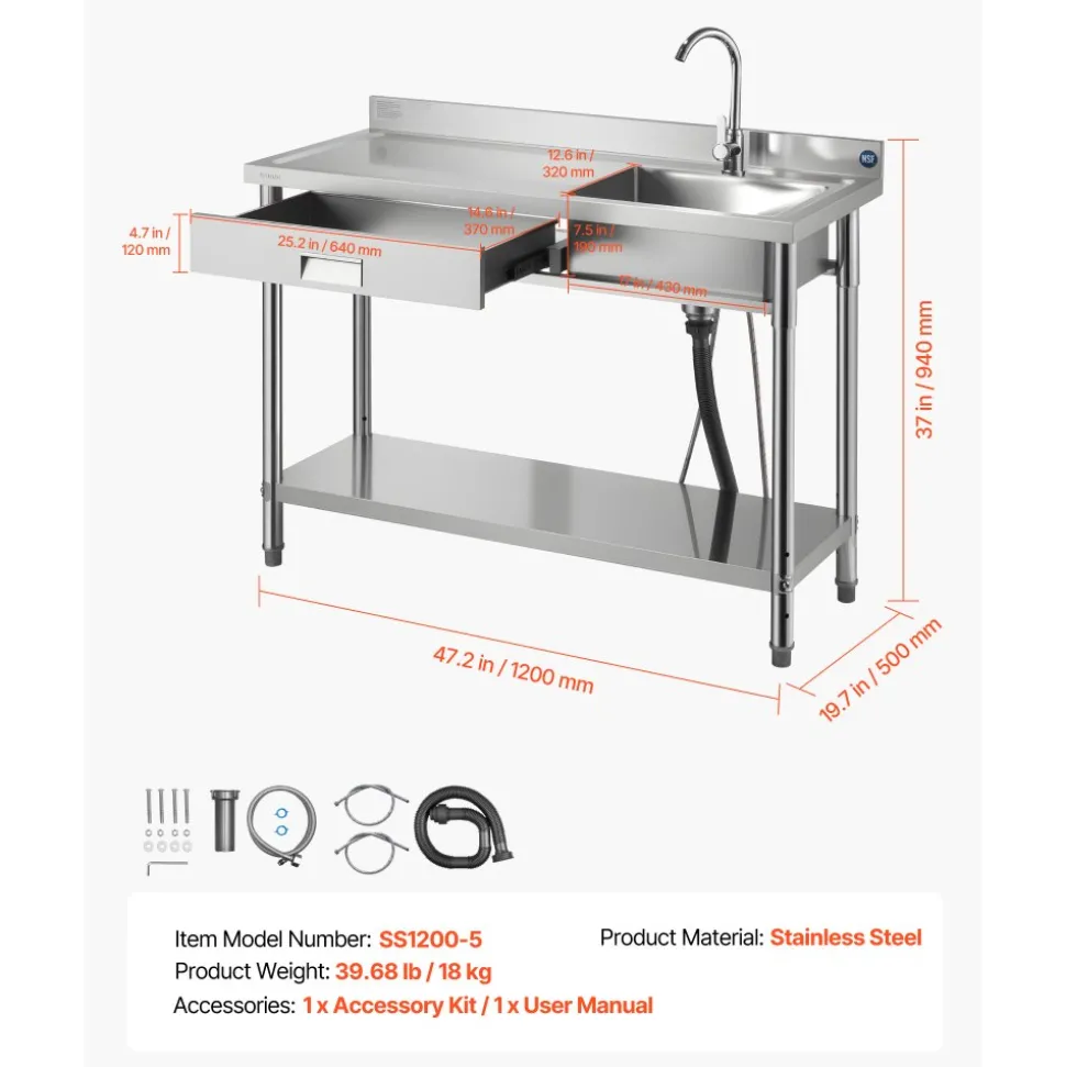VEVOR Stainless Steel Utility Sink, Rolling Single Bowl Commercial Kitchen Sink with Drawer, Faucet and Hot & Cold Water Pipe, Utility Basin for Garage, Restaurant, Laundry, 47.2 x 19.7 x 37 in
