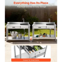 VEVOR Stainless Steel Utility Sink, Rolling Single Bowl Commercial Kitchen Sink with Drawer, Faucet and Hot & Cold Water Pipe, Utility Basin for Garage, Restaurant, Laundry, 47.2 x 19.7 x 37 in