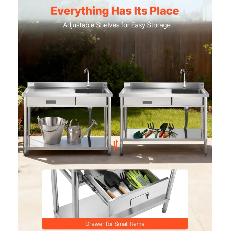 VEVOR Stainless Steel Utility Sink, Rolling Single Bowl Commercial Kitchen Sink with Drawer, Faucet and Hot & Cold Water Pipe, Utility Basin for Garage, Restaurant, Laundry, 47.2 x 19.7 x 37 in
