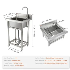 VEVOR Stainless Steel Utility Sink, 1 Compartment Free Standing Small Sink Include Faucet & legs, 16 x 13 x 8.7 in Commercial Single Bowl Sinks for Garage, Restaurant, Kitchen, Laundry