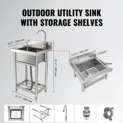 VEVOR Stainless Steel Utility Sink, 1 Compartment Free Standing Small Sink Include Faucet & legs, 16 x 13 x 8.7 in Commercial Single Bowl Sinks for Garage, Restaurant, Kitchen, Laundry