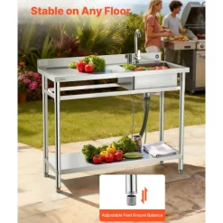 VEVOR Stainless Steel Utility Sink, Free Standing Single Bowl Commercial Kitchen Sink with Faucet, Utility Left Basin Workbench with Hot & Cold Water Pipe for Garage Restaurant Laundry, 47x19.7x37 in