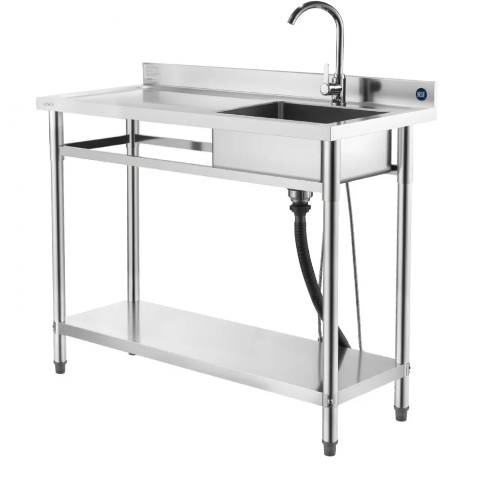 VEVOR Stainless Steel Utility Sink, Free Standing Single Bowl Commercial Kitchen Sink with Faucet, Utility Left Basin Workbench with Hot & Cold Water Pipe for Garage Restaurant Laundry, 47x19.7x37 in